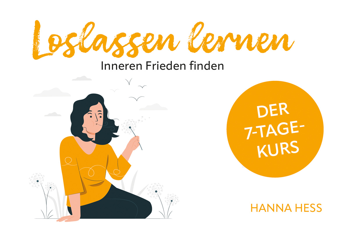 Loslassen lernen – Inneren Frieden finden': Frau sitzt nachdenklich auf einer Wiese. 7-Tage-Onlinekurs von Hanna Hess.